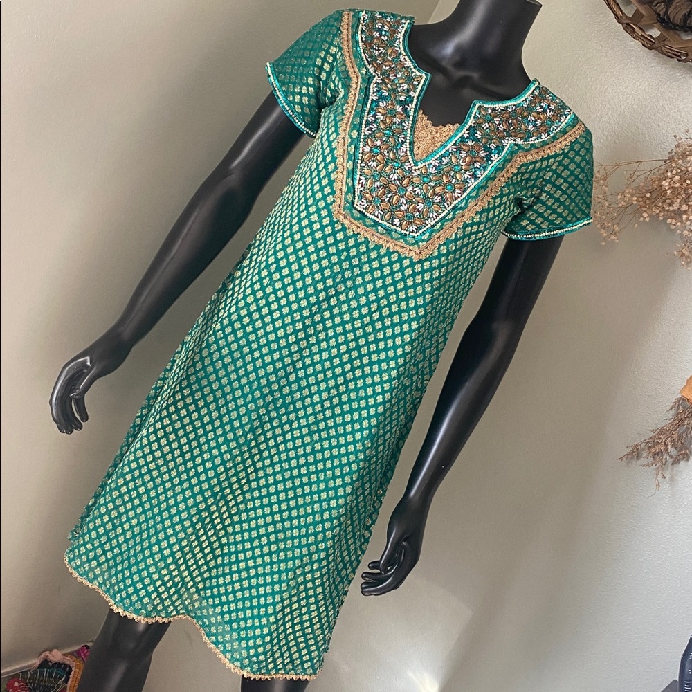 ESIKA Green and Gold Embroidered Midi Indian Shimmery Silk Punjabi Tunic Dress